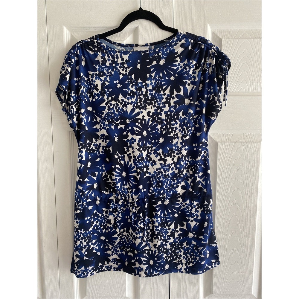 Chico's Floral Drawstring Tunic Womens Size Small Blue White Short Sleeve Floral